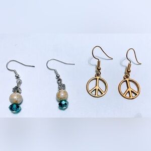 Gold Peace Sign and green crystal beaded Earrings Set
